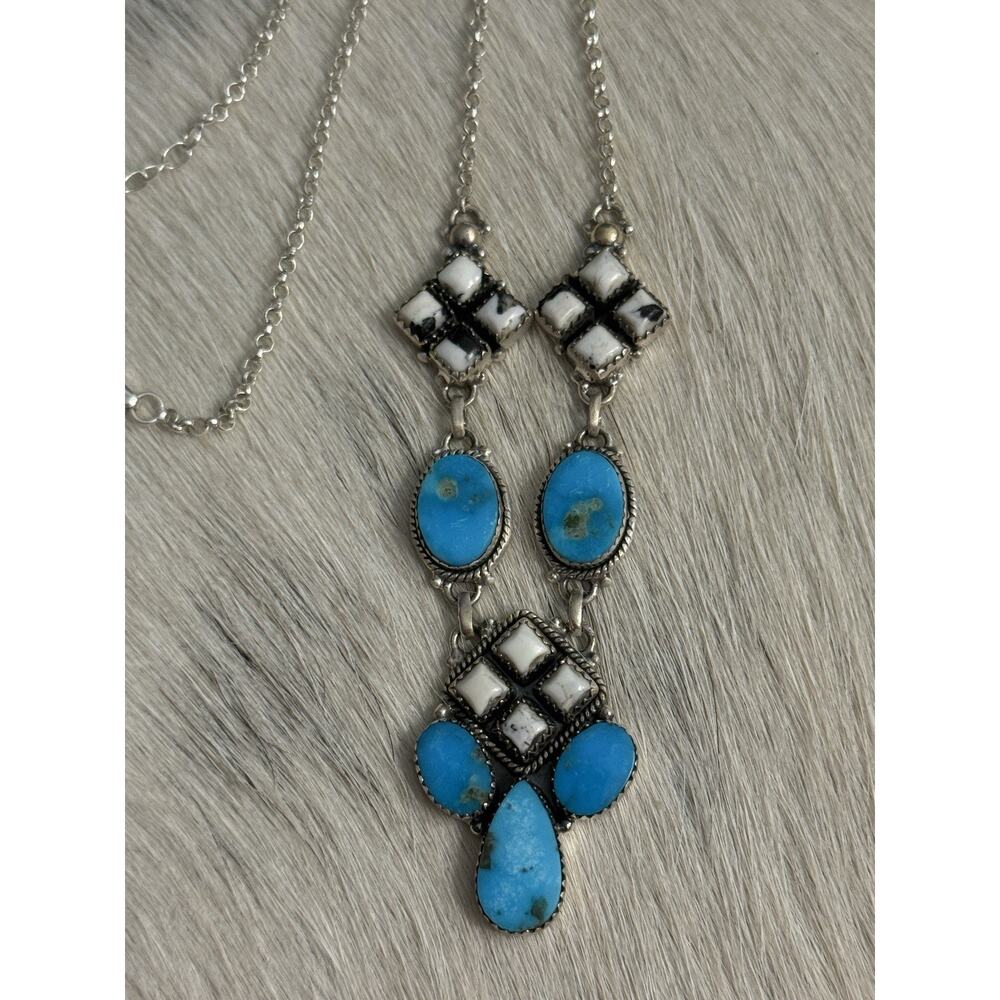 Sterling Silver Blue Kingman Turquoise White Buffalo Nugget Cluster Necklace 21” - Picture 5 of 16